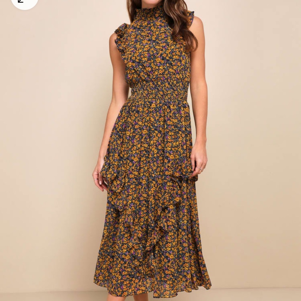 Lulu’s Evalina Floral Print Ruffle Sleeveless Midi Dress
